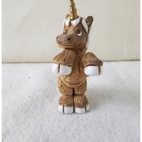 Vintage 1970's Unicorn Figurine W/ Brass Horn Sand Cast 5" Figurine Signed Tan - Picture 2 of 7